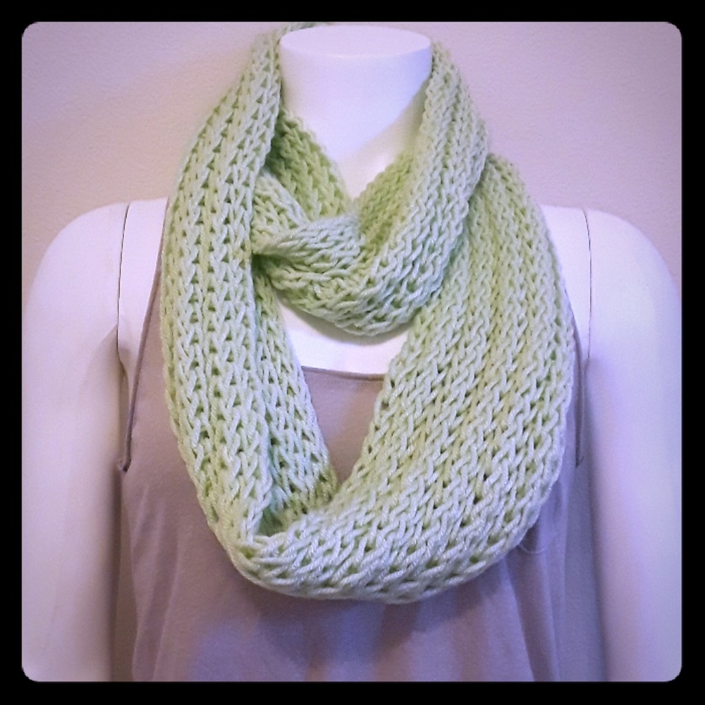 light green hand Knit infinity scarf